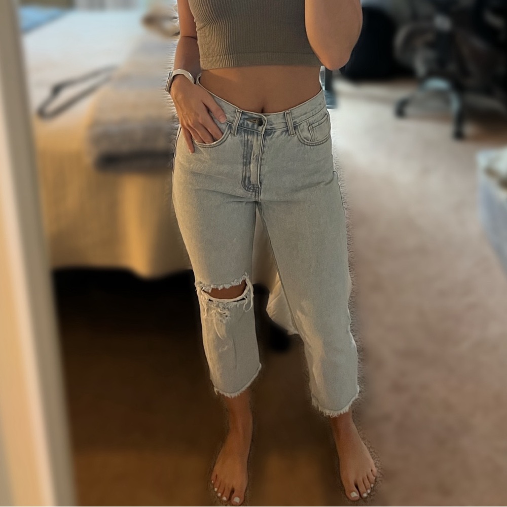 High-Rise Jeans with Distressed Knee Detail